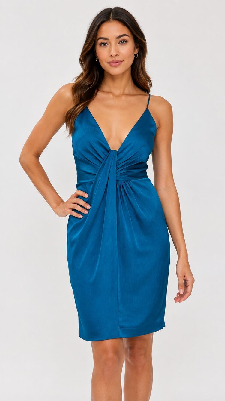 Aidan Mattox Peacock Blue Plunging Draped Cocktail Mini Dress Womens Size 12 New